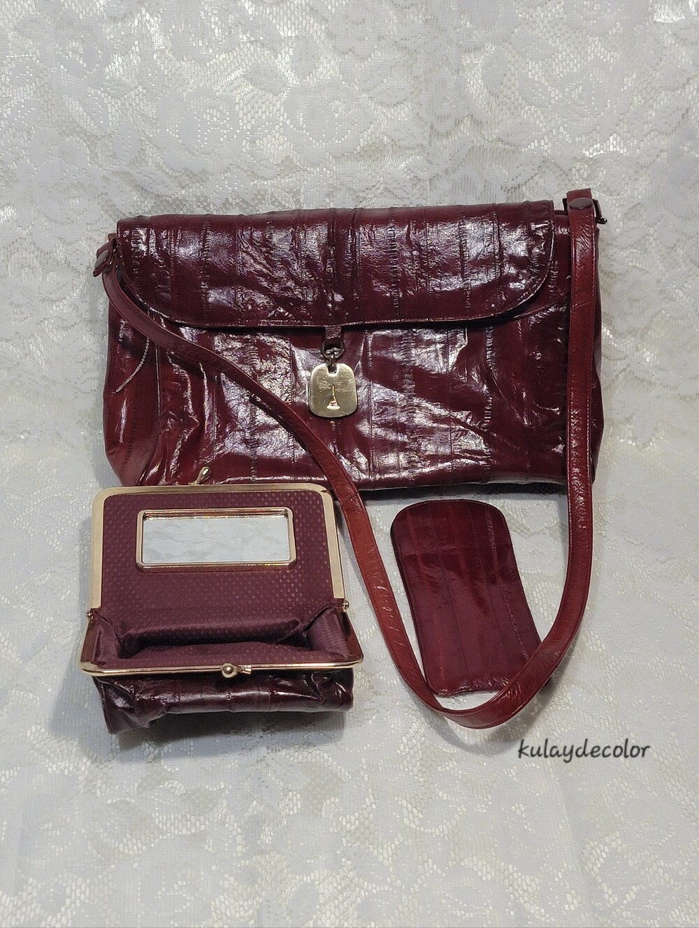 Vintage Genuine Eel Skin 3-Piece Burgundy Handbag Wallet Eyeglass Makeup Case